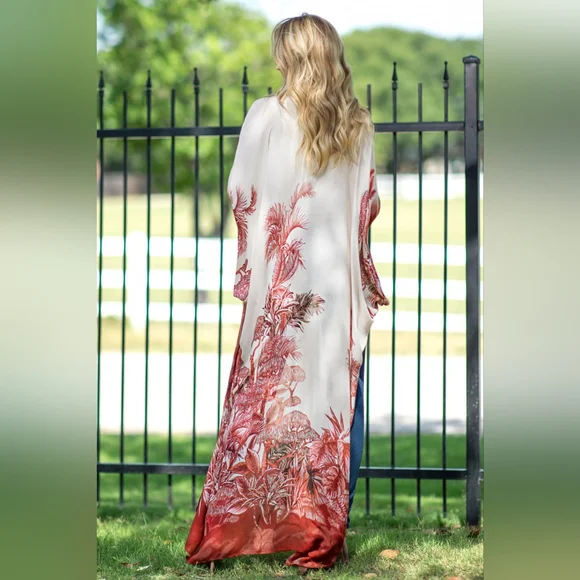 Stunning Kimono w/ Detailed Exotic Japanese Plants & Bonsai Tree Print - Picture 5 of 11